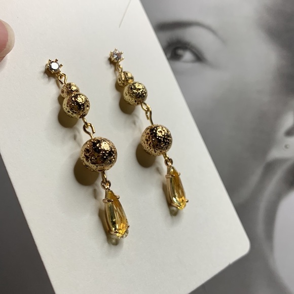 Sheer Yellow Teardrop Faceted Drop Dangle w Gold Semi Precious Lava Bead on CZ - Picture 7 of 16